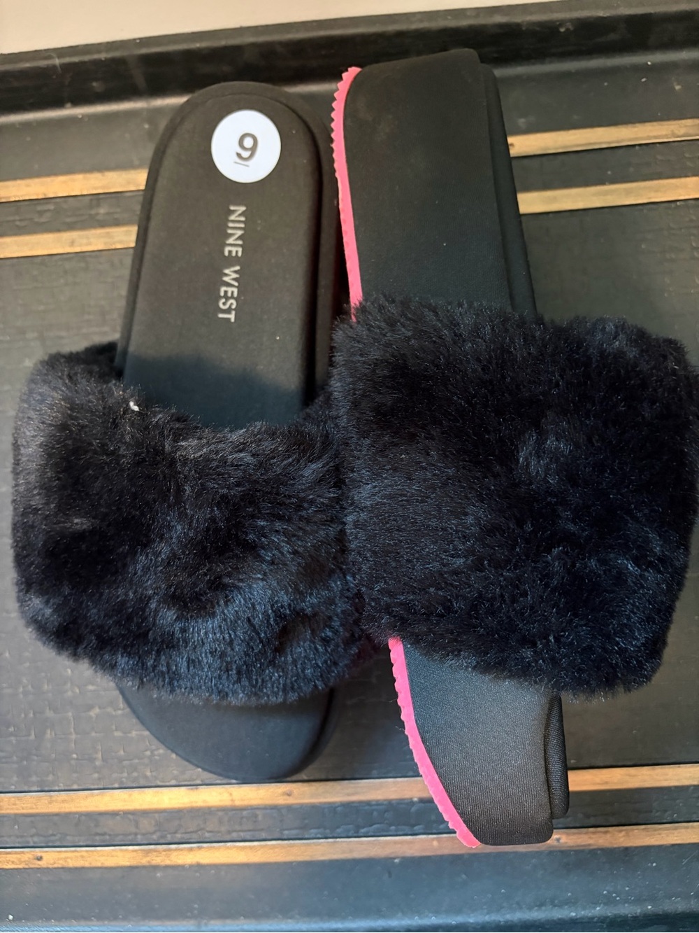 Nine West Black Faux Fur Slide Sandals with Pink Sole Accent